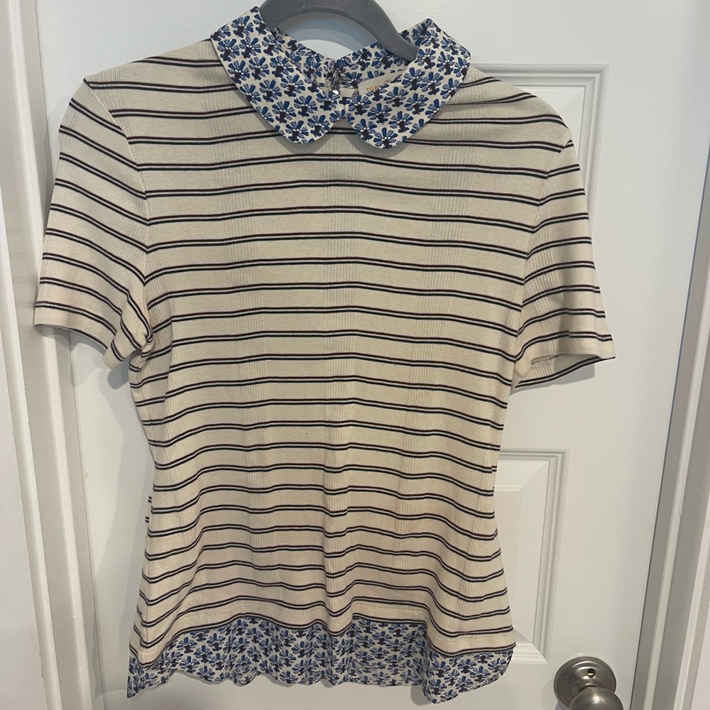 Tory Burch Cream and Navy Striped Blouse with Floral Collar